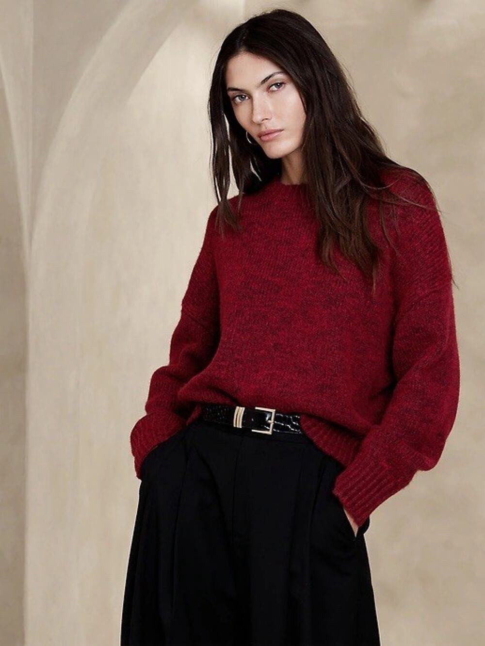 Banana Republic Mona Oversized Wool-Cotton Sweater Winterberry Red Large Cozy